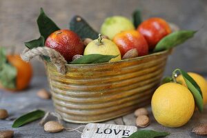 Fresh citrus fruits in a metal basket