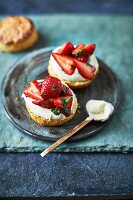 Scones with strawberries, vanilla whipped cream and wild sweet cicely