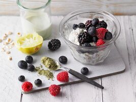Matcha yoghurt with fresh fruits of the forest (Sirtfood)