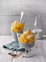 Vegan chia pudding with pineapple and coconut chips