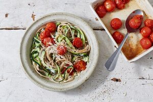 Courgette and wild garlic pasta with tomatoes