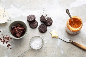 Ingredients for peanut butter pie with a biscuit base