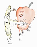 Spargel tanzt mit einer Paprika (Illustration)
