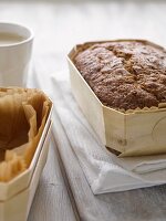 A loaf of banana bread in a woodchip basket