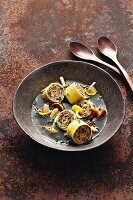 Duck bouillon with chestnut and mushroom cannelloni