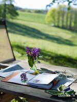 Flowers pressed in notebook on table with view across landscape