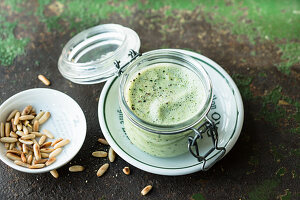 Chilled courgette soup with yoghurt and pine nuts