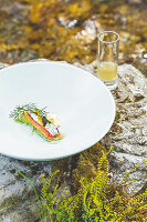Sardine mit Fenchel, geräucherter Milchcreme und Fenchelbrühe im Glas, Restaurant Hisa Franko, Kobarid, Slowenien