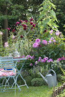 Tisch und Stühle am Beet mit Dahlia ( Dahlien ), Arundo donax 'Variegata'