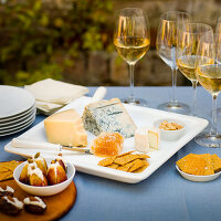 Cheese platter with honey, crackers and figs