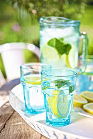 Wasser mit Zitronen und Minze auf Gartentisch