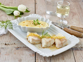 Steamed halibut with mashed celeriac and potatoes