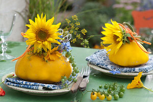 Autumnal Napkin Deco With Sunflowers And Pumpkin