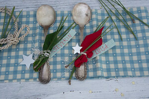 Silberlöffel mit Weihnachtsstern und Kiefernnadeln dekoriert, als Platzkärtchen