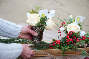 Christmas Table Decoration With Small Bouquets And Branches