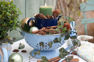Christmas Candle Decoration In Enamel Pot And Sieve