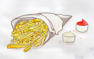 French fries with ketchup and mayonnaise (illustration)