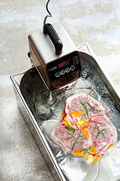 Meat being sous-vided with an immersion thermostat