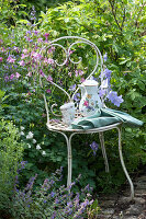 Kaffeekanne und Tassen auf Stuhl neben Akelei und Glockenblume