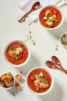 Gazpacho with croutons and shoots (seen from above)