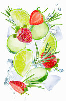 Fliegende Limetten, Gurkenscheiben, Rosmarin und Erdbeeren mit Eiswürfeln und Wassersplash