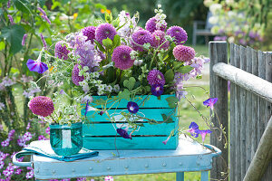 Violet Summer Bouquet In Turquoise Blue Wooden Box