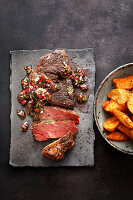 Sous-Vide gegarte Chuck-Steaks mit Chimichurri und Kartoffelspalten