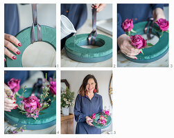 Instructions for making a Christmas wreath with roses