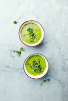 Green pea and spinach soup topped with pea sprouts and basil