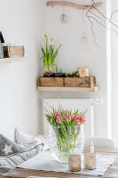 Bouquet of tulips in glass vase