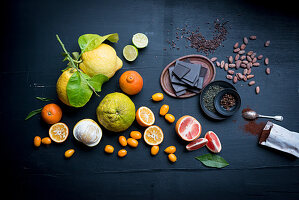 Various citrus fruits, chocolate and cocoa