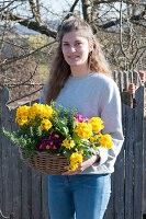Woman carries basket of primroses and rosemary