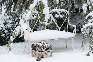 Snow-covered bench and basket with cones in the wintry garden