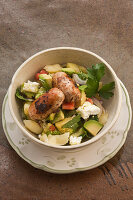 Avocado with spicy sausage and smashed herb potatoes