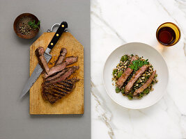 Grilled beef steak with grape barley