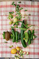 An arrangement of cucumbers in various shapes and sizes