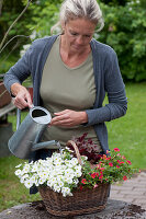 Frau bepflanzt Korb mit Zauberglöckchen und Purpurglöckchen und gießt