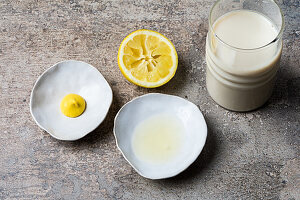 Ingredients for egg-less mayonnaise – soya drink, mustard, lemon juice