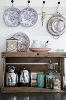 Tea station in an old wooden crate as a shelf