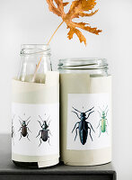 Paper cuffs affixed to screw-top jars with beetle motifs