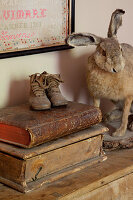 Antique books and shoes next to stuffed hare on top of chest of drawers