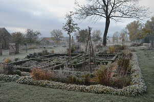 Bauerngarten im Spätherbst mit Rauhreif, Buchs-Hecken als Beeteinfassung