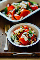 Roasted red peppers basil pine nuts feta cheese balsamic vinigar