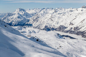 Switzerland, Engadin, Sankt Moritz: View from Corvatsch to Lake Sils