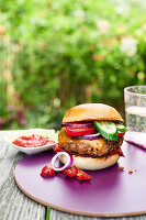 Veggie-Burger auf Tisch im Garten