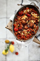Tagliatelle with seafood and tomatoes