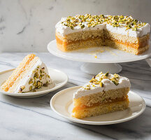 Cornmeal cake with apricot bay compote and pistachios