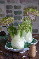 Chrysanthemums and bishop's flower in fennel bulbs used as vases