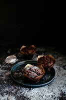 Double chocolate chip muffins dusted with powdered sugar