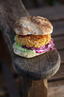 Vegan chickpea and rice burger with cumin, rosemary and grated lemon rind